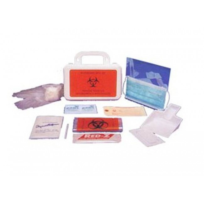 Body fluids clean-up kit in plastic case.