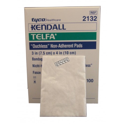 Telfa sterile non-adhering gauze dressing pads, 3 x 4 in, 100/box.