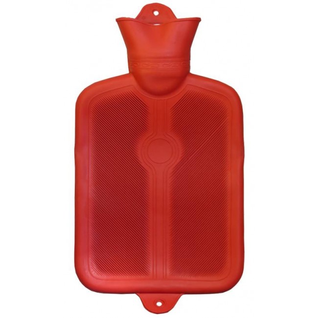 Red rubber hot water bottle for heat therapy, capacity 2 liters (0.55 US gallons).
