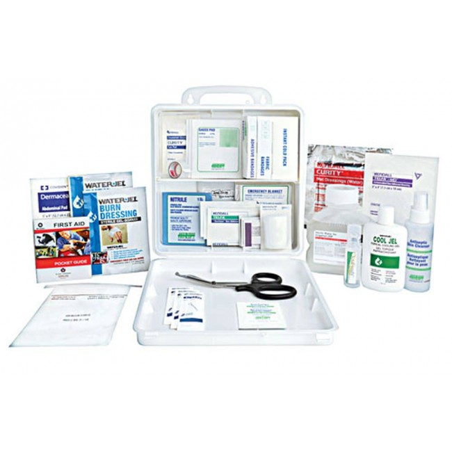 Burn first aid kit with 30 types of items, in portable plastic case.