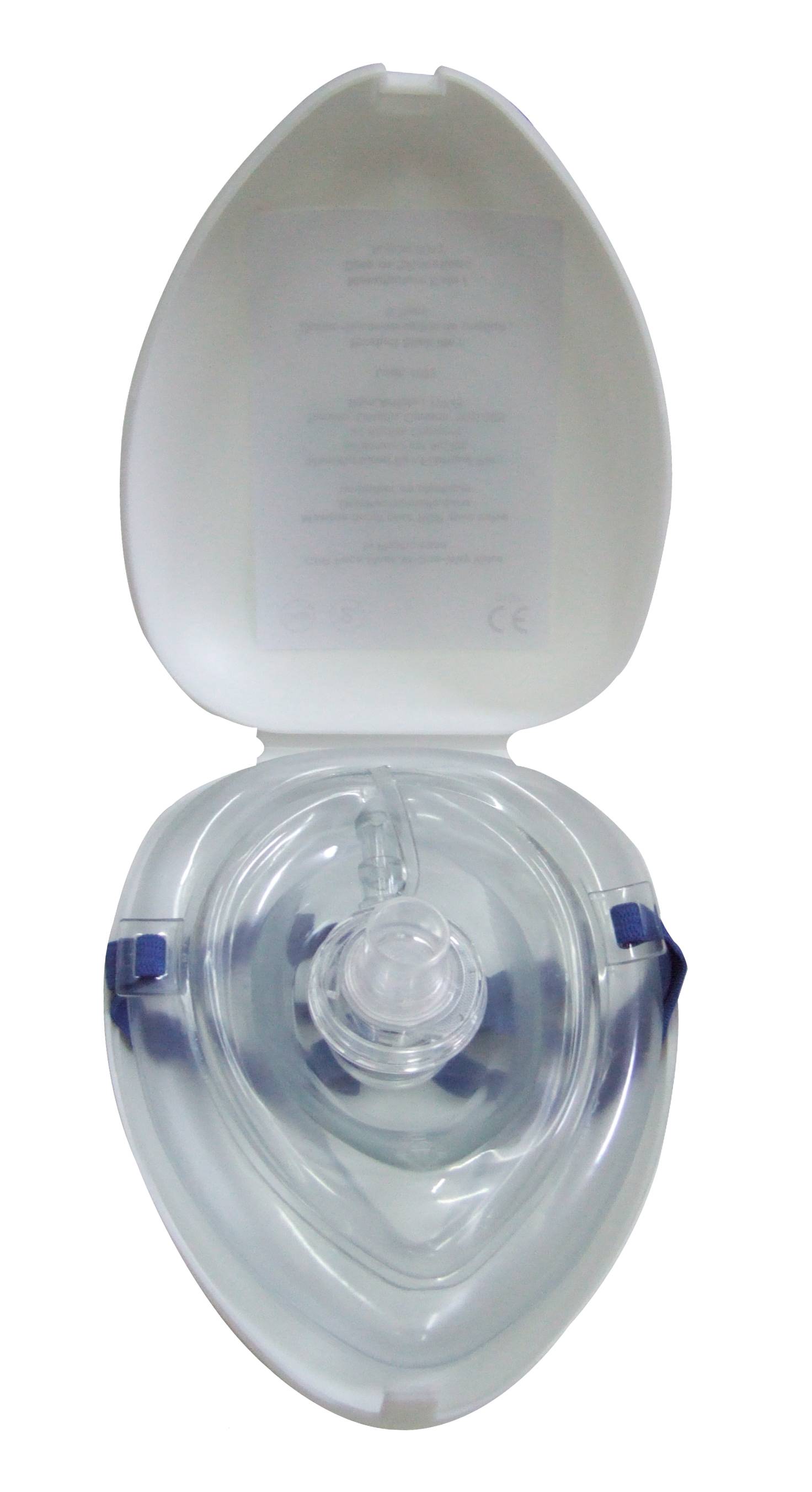 Resuscitation (CPR) mask with one-way valve and rigid case.
