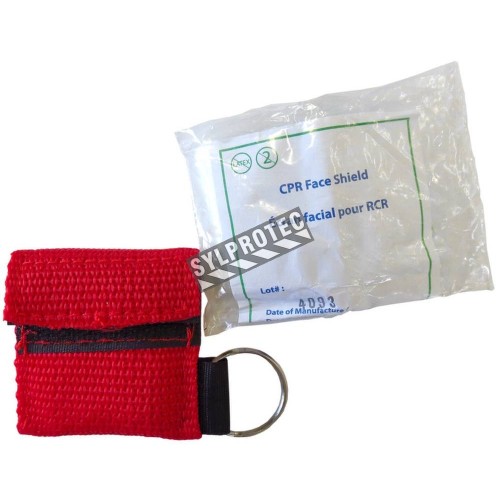 Disposable CPR facial shield with valve, in mini-pouch with key ring.