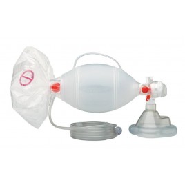 Resuscitator with facial mask, hand pump, inflatable bag and patient connector tube.