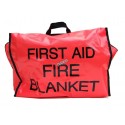 Fireproof gray wool blanket in red nylon carry bag with English label.