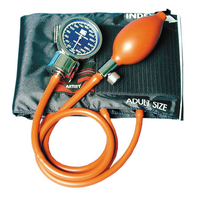 Hand-operated latex-free sphygmomanometer (blood pressure monitor) for adults.
