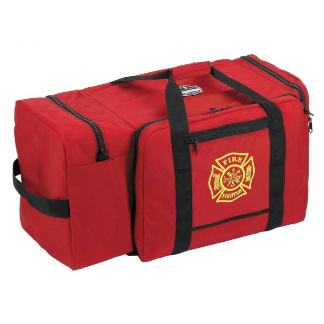 Grand sac de rangement robuste en polyester rouge, 4 compartiments, avec courroies amovibles pour l'épaule.