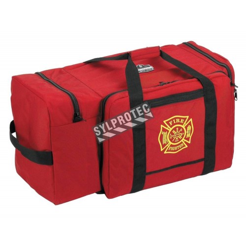 Large heavy-duty gear and storage bag made of red polyester, 4 compartments, with removable shoulder straps.