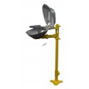 Bradley pedestal Halo eye wash with yellow plastic bowl and clear dust cover, certified ANSI Z358.1-2009.
