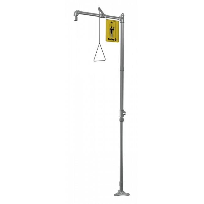 Bradley floor-mounted emergency safety shower made of stainless steel, certified ANSI Z358.1-2009.