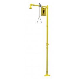 Bradley floor-mounted emergency safety shower with yellow plastic showerhead, certified ANSI Z358.1-2009.