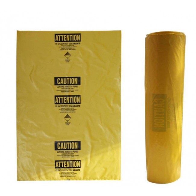 Sacs jaunes bilingues pour déchets d’amiante. Pour le transport de déchets dangereux. 26"x40", 100 sacs/rouleau.