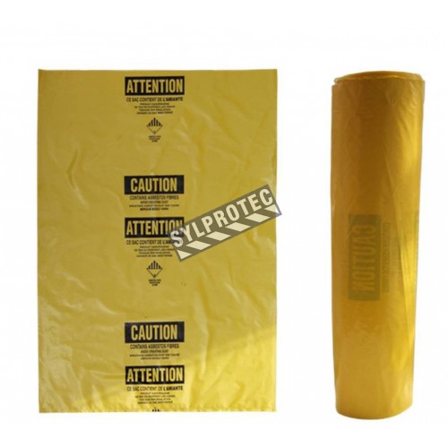 Statutory bilingual yellow bag for asbestos waste. Allows safe transportation of hazardous waste to landfills. 3 mils, 26"x40"