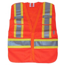 Fluorescent orange safety vest, adjustable M-XXL, CSA Z96 class 2, 100% polyester, 4 pockets.