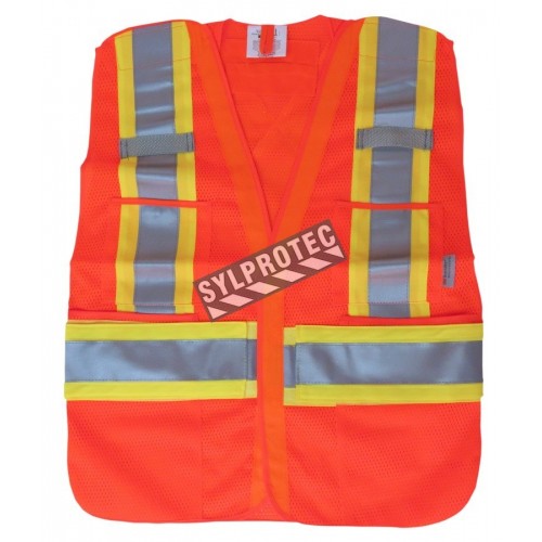 Fluorescent orange safety vest, adjustable M-XXL, CSA Z96 class 2, 100% polyester, 4 pockets.