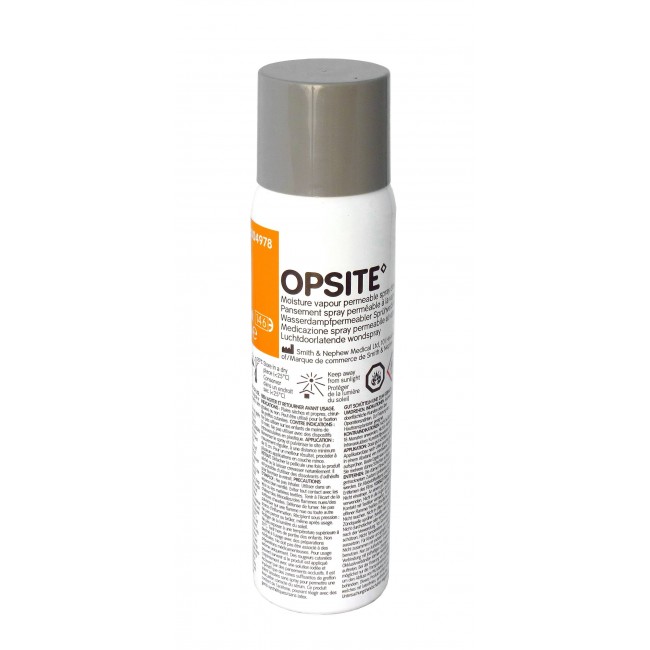 OpSite transparent spray-on dressing, 100 ml bottle.