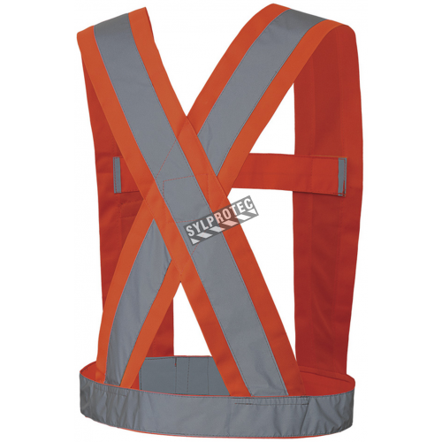 Hi-viz traffic sash, fluorescent orange with retroreflective stripes, CSA Z96-15 class 1 level 2.