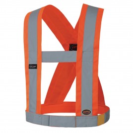Hi-viz traffic sash, fluorescent orange with retroreflective stripes, CSA Z96-15 class 1 level 2.