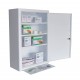 Wall-mounted metal first aid cabinet with solid door panel and lock with 2 keys.