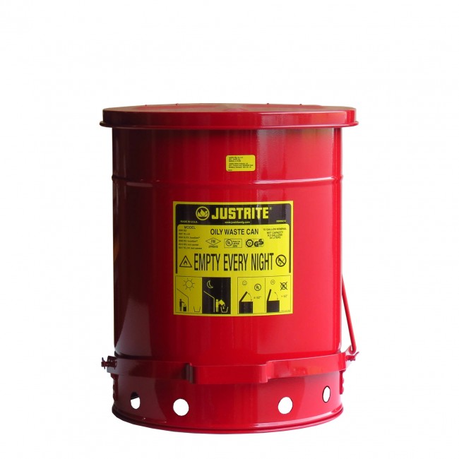 Container for oily or solvent-soaked rags, 10 gallons, with pedal, approved FM, UL, OSHA.