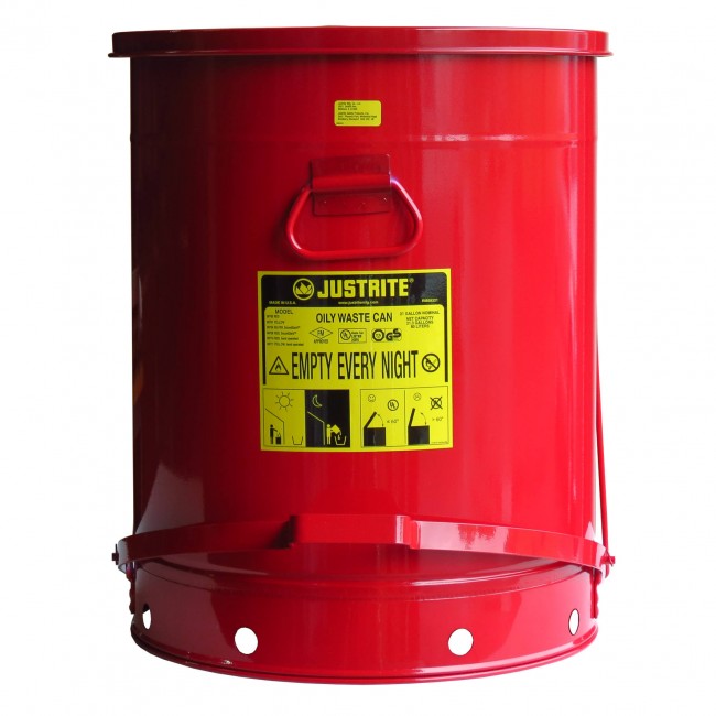 Container for oily or solvent-soaked rags, 21 gallons, with pedal, approved FM, UL, OSHA.