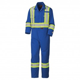Blue 100% flame-resistant cotton safety coverall, HRC 2, with high-visibility reflective stripes, compliant CSA Z96-15.