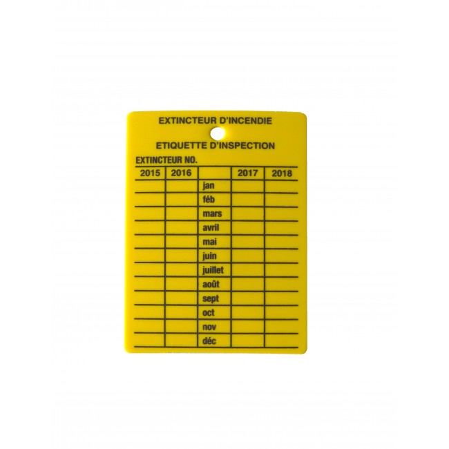 Yellow plastic monthly inspection tag for fire extinguishers, labelling in French, covering 4 years.