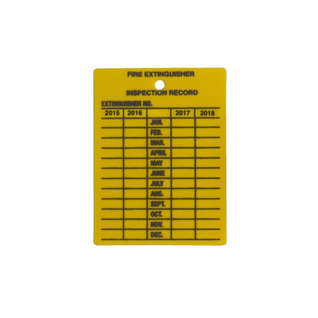 Yellow plastic monthly inspection tag for fire extinguishers, labelling in English, covering 4 years.