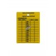 Yellow plastic monthly inspection tag for fire extinguishers, labelling in English, covering 4 years.