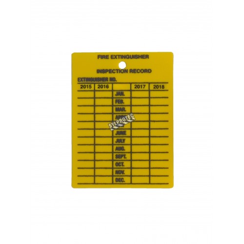 Étiquette d’inspection mensuelle en plastique jaune pour extincteurs portatifs, en anglais, couvrant 4 ans.