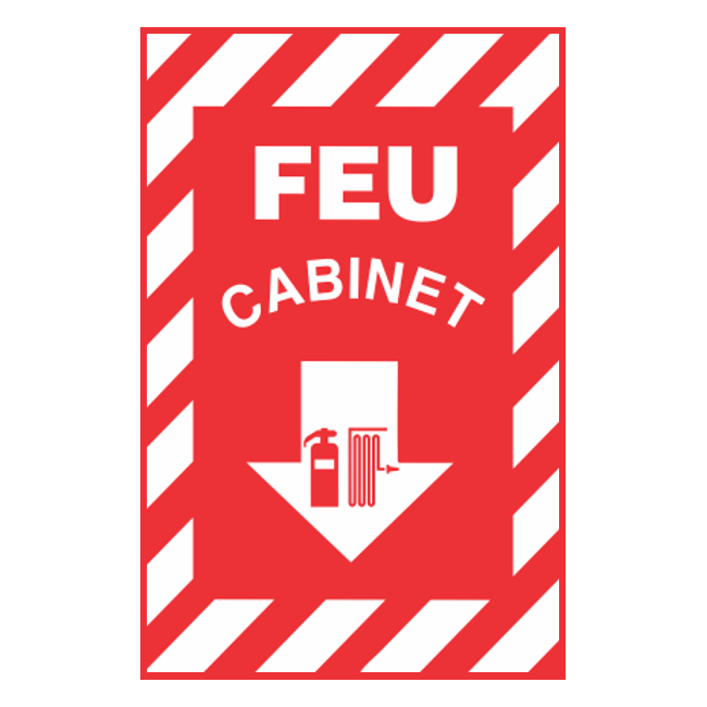 Affiche d’urgence et d’incendie «Feu Cabinet» en divers formats, matériaux, langues & éléments optionnels