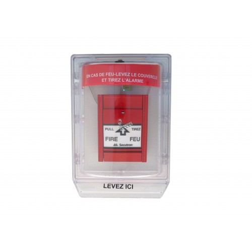 Clear water-resistant polycarbonate cover for manual fire alarm pull station.