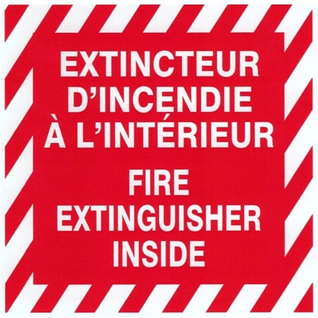Affiche bilingue autocollante 4 po x 4 po «Extincteur d'incendie à l'intérieur».