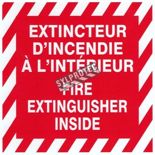 Affiche bilingue autocollante 4 po x 4 po «Extincteur d'incendie à l'intérieur».