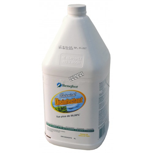 Benefect ecofriendly broad spectrum disinfectant with thyme oil, effective against mold, bacteria & viruses. 1 gal US bottle.