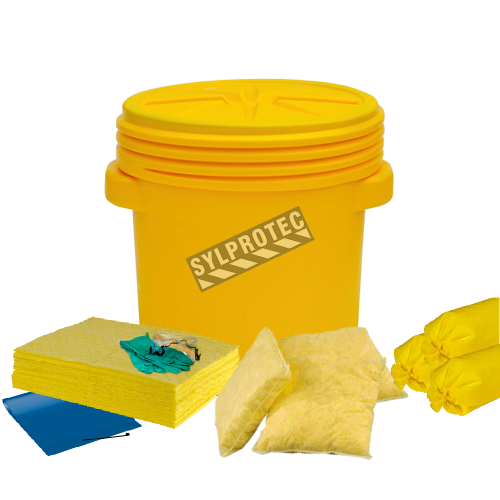 Chemical spill kit in static overpack drum, capacity 20 US gallons.