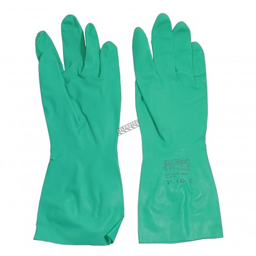 Nitrile unsupported textured &amp; flock-lined safety glove for chemical protection. 13 in long and 11 mils thick.