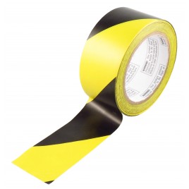 Striped adhesive warning tape, black and yellow 2 in X 48 ft, (50 mm x 16 m). 