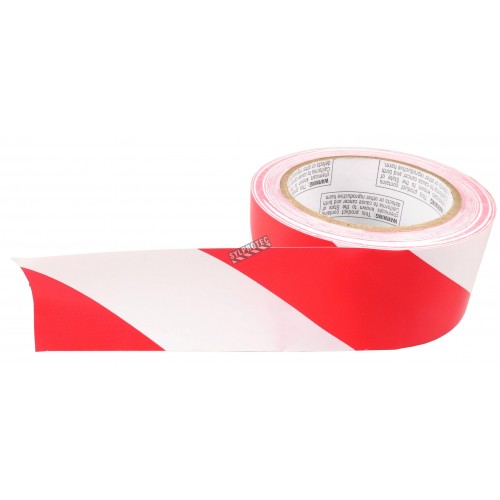 Striped warning adhesive tape, red and white 2 in X 48 ft (50 mm X 16 m). 