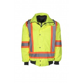High-visibility 6-in-1 winter coat, fluorescent yellow with retroreflective stripes, CSA Z96-15 Class 2 Level 2.