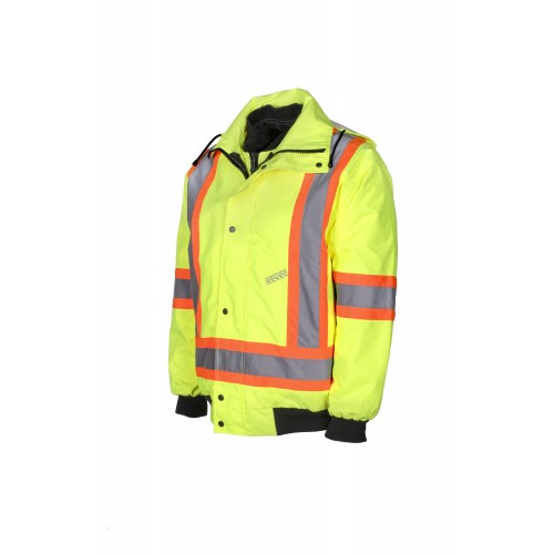 Manteau d’hiver haute visibilité 6-en-1 jaune fluorescent à bandes rétroréfléchissantes, CSA Z96-15 classe 2 niveau 2.