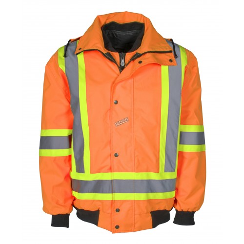 Manteau d’hiver haute visibilité 6-en-1 orange fluorescent à bandes rétroréfléchissantes, CSA Z96-15 classe 2 niveau 2.