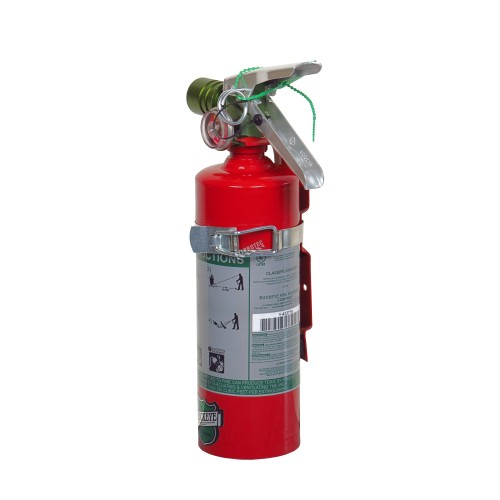 Portable fire extinguisher with Halotron I, 2.0 lbs, class BC, ULC 2B:C, with vehicle hook.
