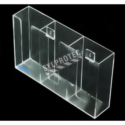 Clear acrylic glove box holder with 3 vertical bins, for wall mounting or table mounting.