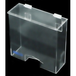 Distributeur en acrylique transparent avec couvercle plat et ouverture rectangulaire en bas pour filets à cheveux.