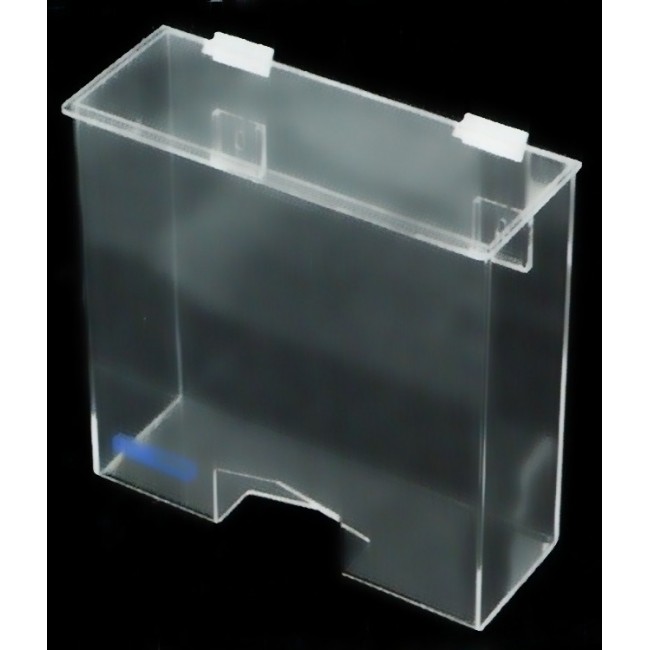 Clear acrylic hairnet dispenser with flat hinged lid and rectangular bottom opening, for wall mounting or table mounting.