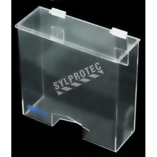 Distributeur en acrylique transparent avec couvercle plat et ouverture rectangulaire en bas pour filets à cheveux.