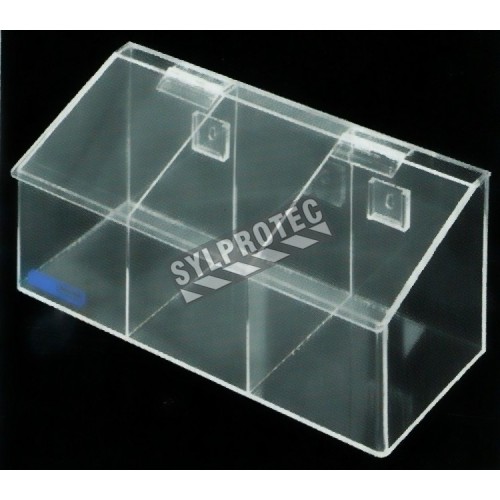 Clear acrylic hairnet dispenser with 3 bins and slanted hinged lid, for wall mounting or table mounting.