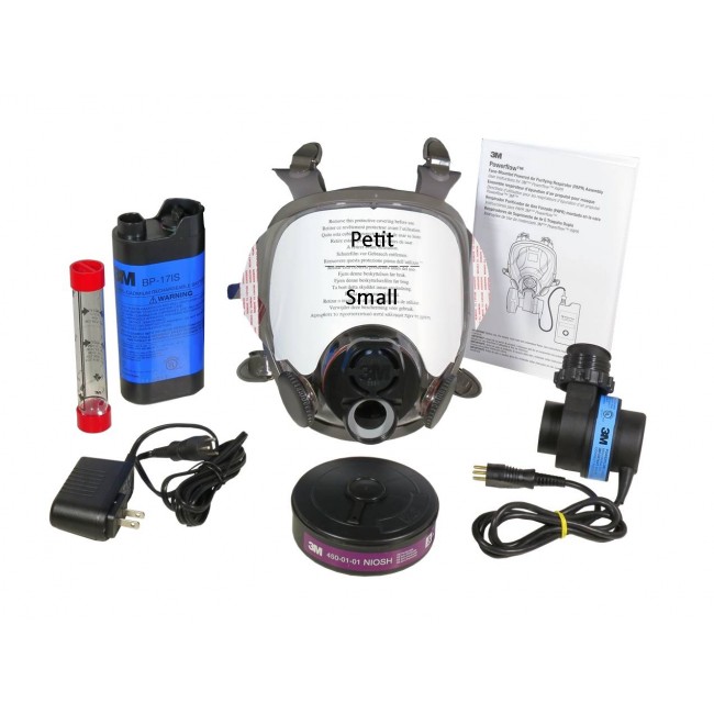 3M complete Powerflow face-mounted powered air purifying respirator assembly. Ideal for abatement and decontamination. Small.