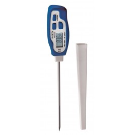 Stainless steel digital stem thermometer with LCD display, temperature range -40°C to 250°C (-40°F to 482°F).