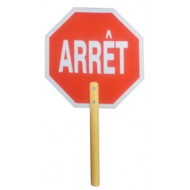 "Arrêt" traffic paddles in plastic double face, 12 in X 12 in with 10 in handle pole.